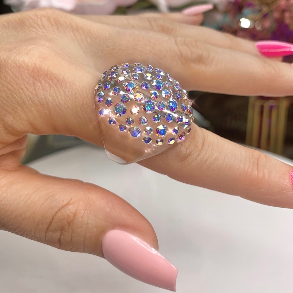 Clear Acrylic Ring Embellished With Aurora borealis Swarovski Crystal stones. - Picture 9 of 12